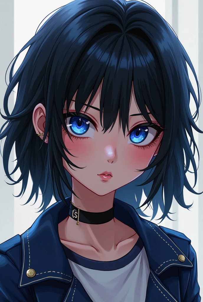 A girl with medium long hair, messy black, sapphire blue eyes, tomboy and chainsaw man style mixing the Moe style she is still a high school student 