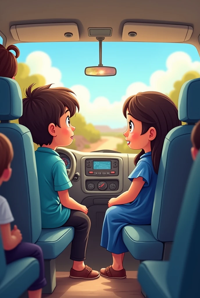 A class of students is on a tour in a van. In the seat perpendicular to the driver's seat, a boy is sitting in the corner, wearing a blue shirt and black pants. In the seat behind next to the driver, a girl is sitting in the corner, wearing a blue kurta and sandal-colored pants. She is looking at the boy sitting in the corner.draw it like a cute cartoon.