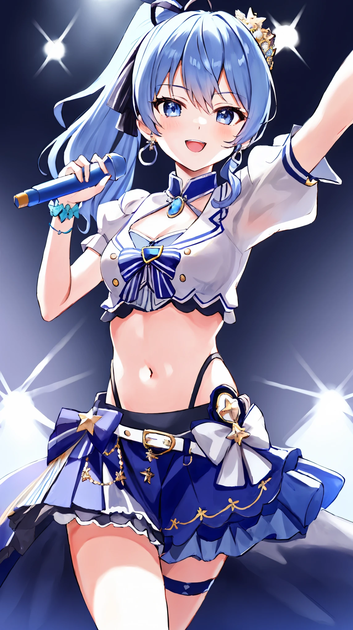 masterpiece, best quality, absurdres, 1girl, solo, Hoshimachi Suisei, light blue hair, blue eyes, happy, smile, parted lips, slender, sidelocks, ponytail, toned, 
idol, idol clothes, hololive idol uniform, bowtie, blue skirt, brooch, dress, concert, on stage, frilled skirt, jewelry, layered dress, short sleeves, tiara, midriff, thighhighs,shout,(open_mouth:1.3),singing,(angry:0.6), (glare:0.6), idle_live,audience_landscape,light up_girl,solo,shiny_effects,smile。joy,happy,(slanted_eyes:1.3)