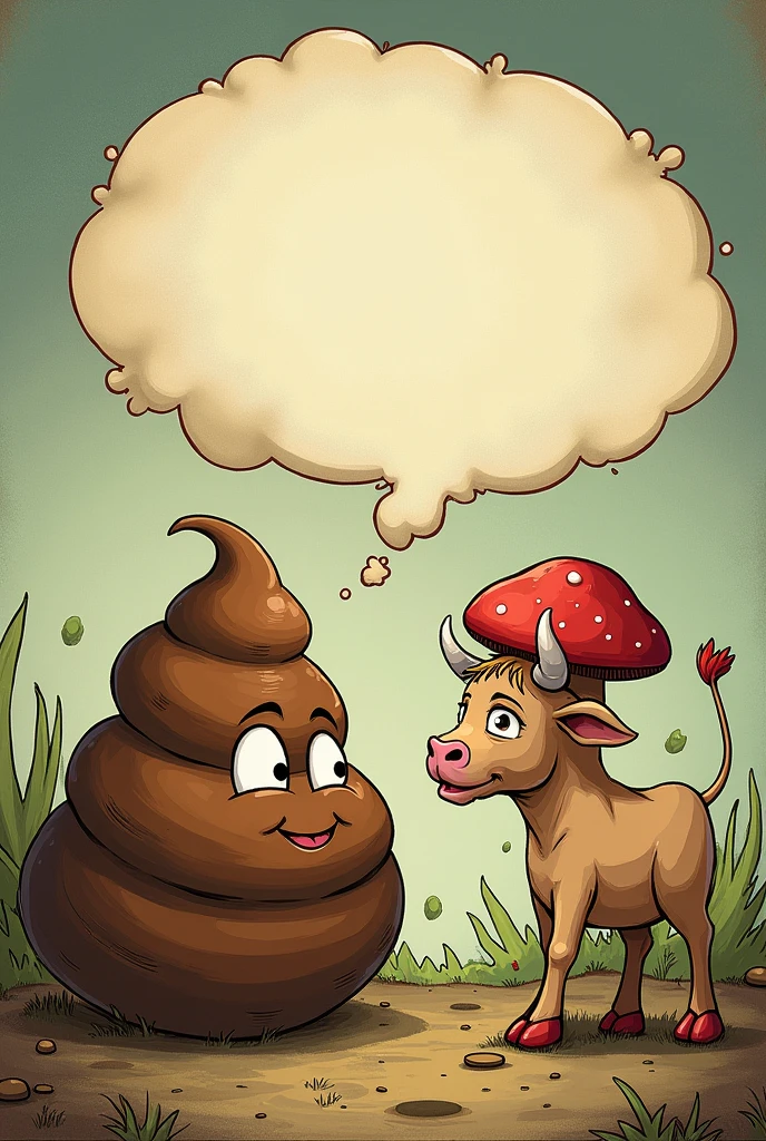 A Big poop talking to a mushroom cow saying " what are you talking about little mushroom cow" the text is in a bubble like comics