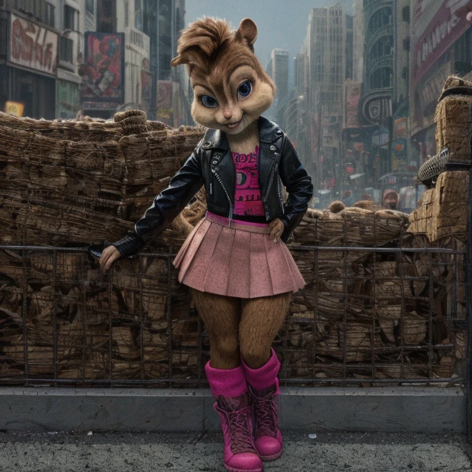 score_9, score_8_up, score_7, score_6, Hollywood Boulevard, brittany miller, chipmunk, furry, short ears, gangster top, black spiky leather jacket, pink skirt, jeans, pink boots, looking at viewer, 6 inches tall