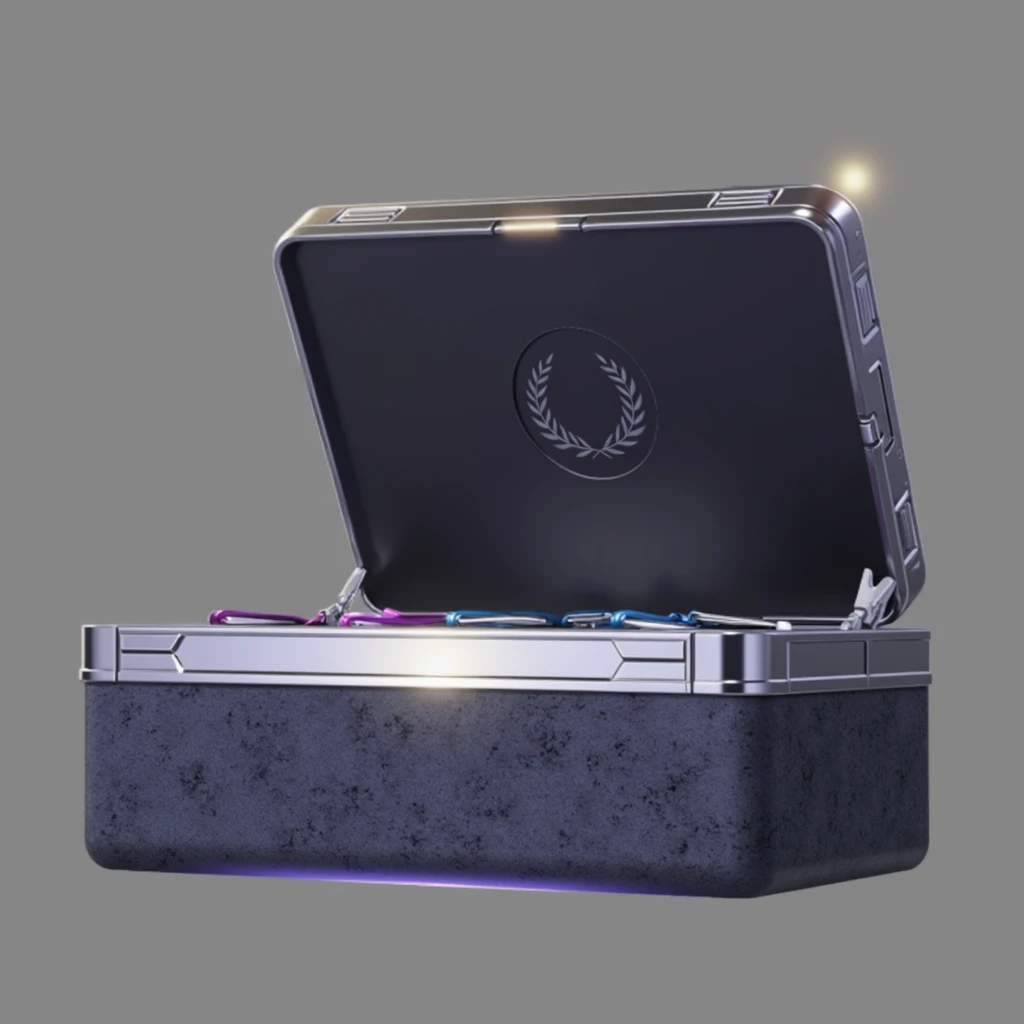 Luxury details，Black box half open，Metal brushed texture is faintly visible，Graffiti art embellishes the space，The central golden logo shines，Edge inlaid with exquisite metal，Showing nobility in a low-key manner。Side view angle。