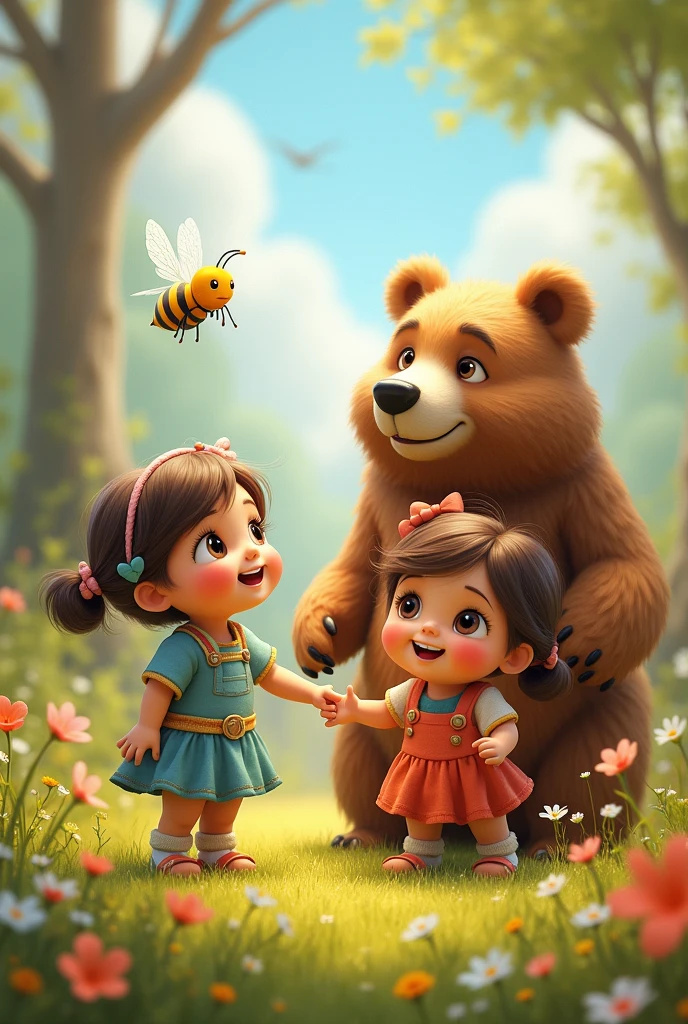 Toddlers zoha and Zoya with honey bee and big bear
