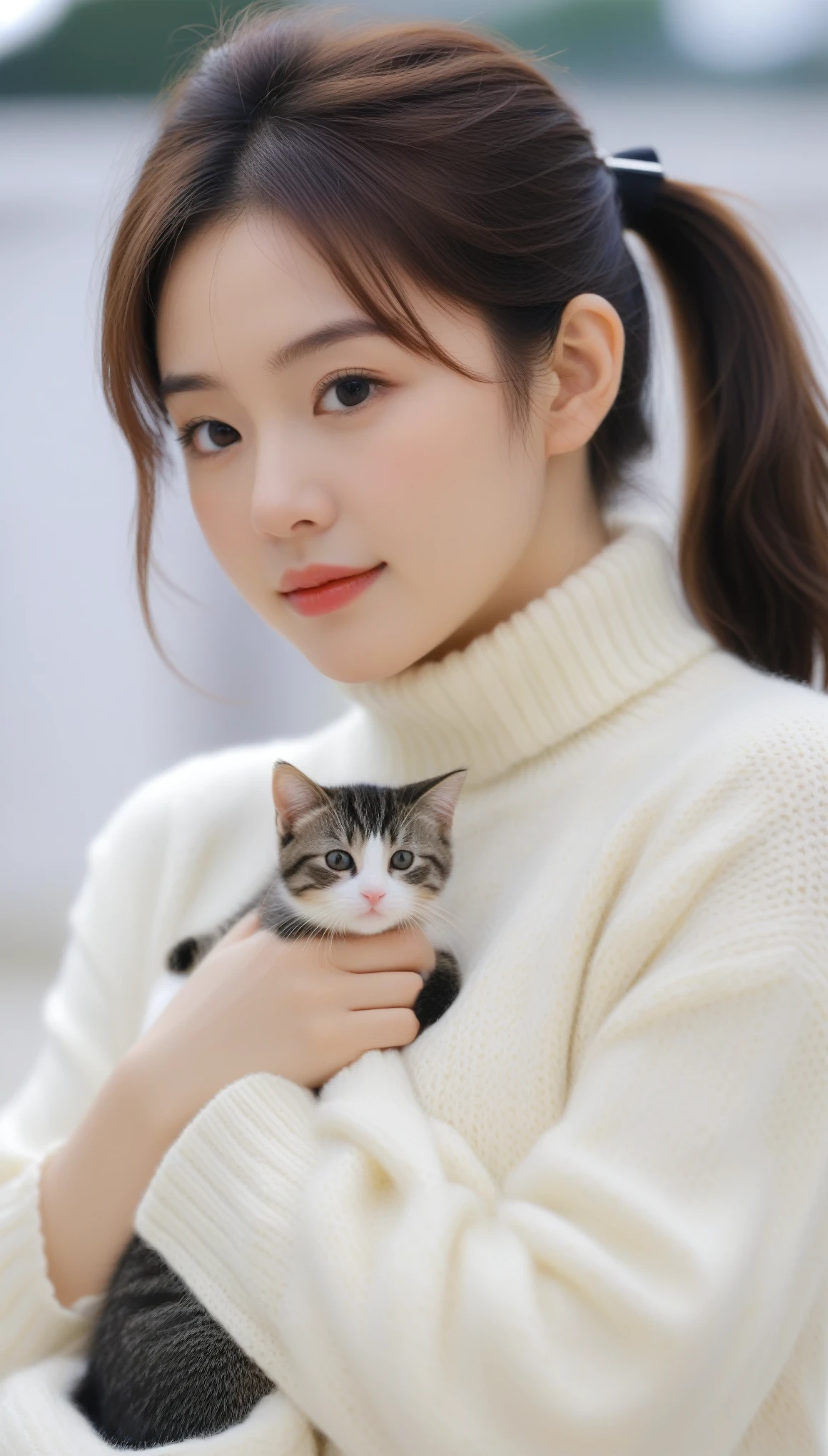 close-up of beautiful beautiful korean female, 34 inch breasts size, ponytail, wearing turtle neck sweater, hugging kitten, bokeh background,UHD