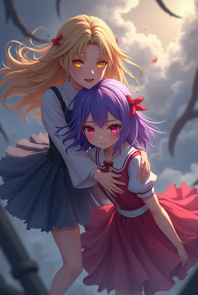 A purple-haired girl with red eyes being saved by a blonde girl with honey-colored eyes