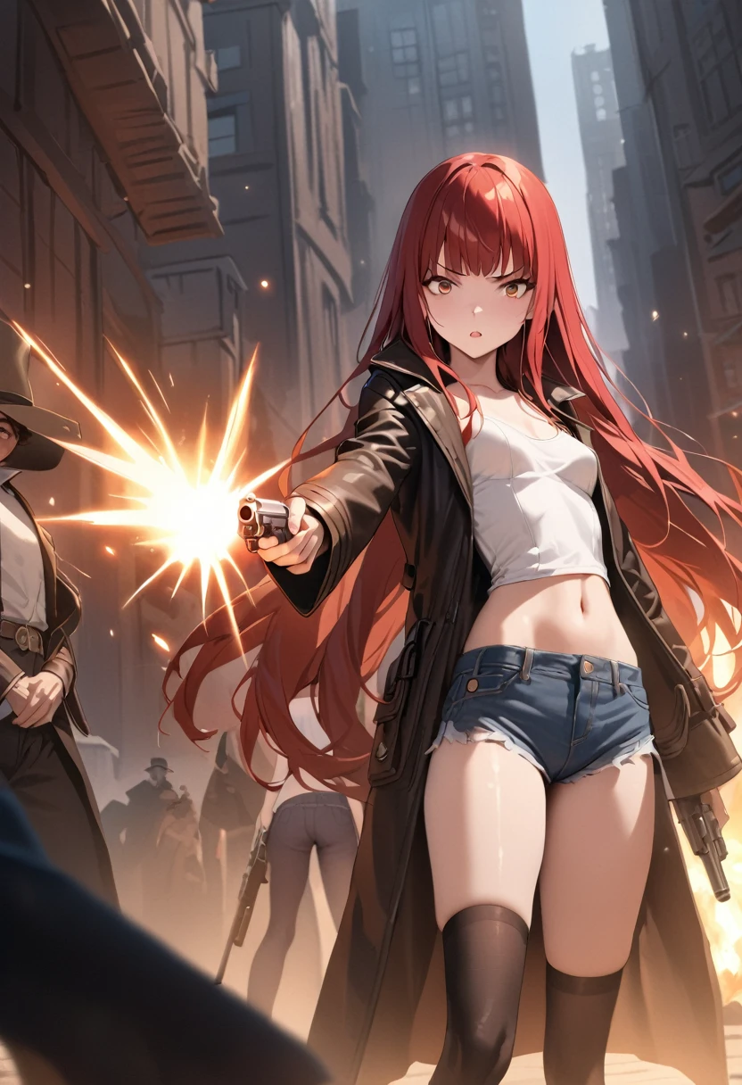 Gun action scene、A woman confronting a villain、((masterpiece,best quality anime,Highest quality:1.3)),realistic,cowboy shot,(25 year old beauty), gunslinger ,1woman,独奏,((very small head:1.4)),((very long body:1.3)),red hair,bangs,straight long hair,gorgeous big eyes,brown eyes,Angry expression、(Black long coat),Wearing a white tube top shirt under the coat,navel、(denim micro shorts、black_thighhighs),((slender body:1.3,skinny)),small breasts,(Shoot a gun:1.3,Firing stance),gleaming skin,shiny skin,Holding a gun in hand,revolver、Western cityscape、The World of Westerns、