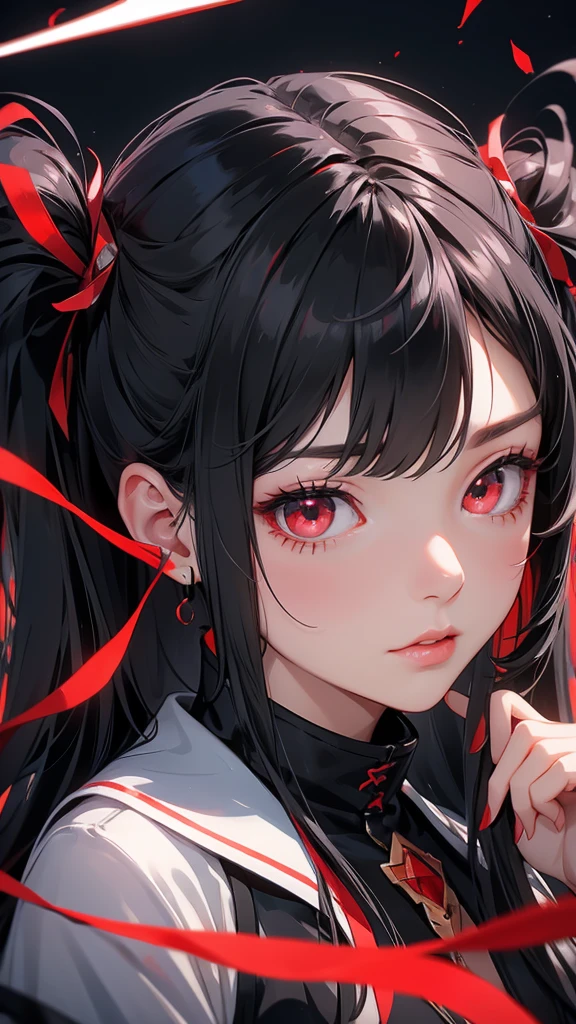Long black hair, red eyes, twin tails, fallen angle