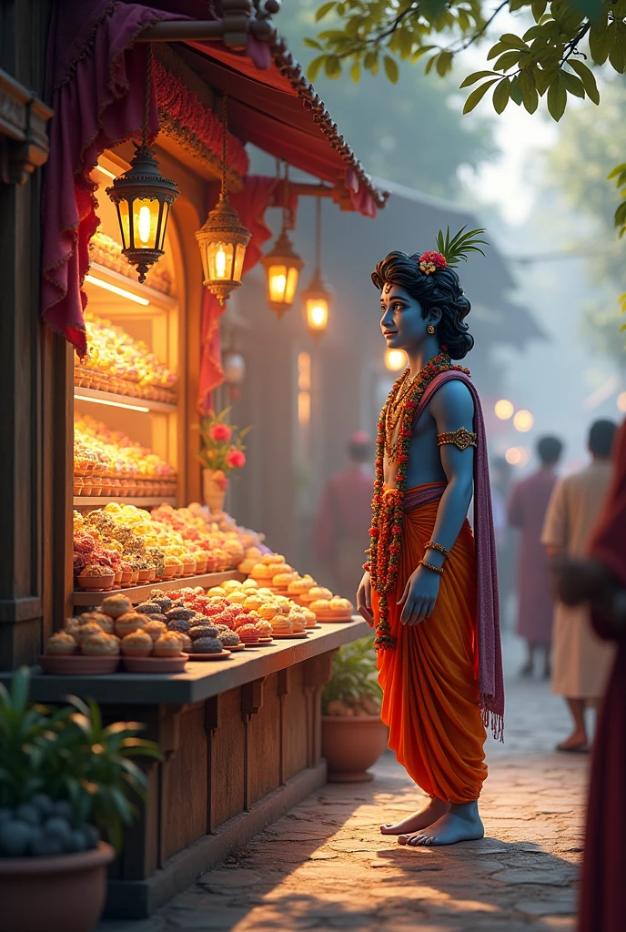 In the heart of a bustling village, Lord Krishna stands serenely in front of a charming sweet shop. His divine presence contrasts with the vibrant colors and aromas wafting from the shop. The shop’s windows are adorned with an array of delectable sweets, their rich colors reflecting Krishna’s radiant form. Devotees and townsfolk bustle around, but Krishna's calm demeanor draws all eyes. He gazes with a gentle smile at the assortment of sweets, embodying both the divine and the everyday joys of life.