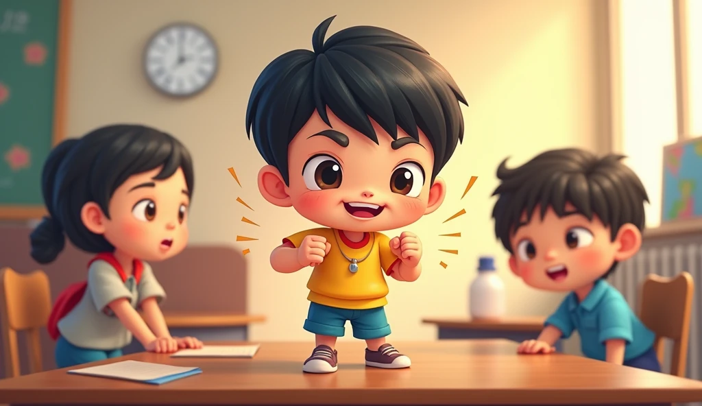 /image prompt: chinese student, kid boy clenching fist to other classmates, always angry ,confrontation, classmates scared of him when everytime saw him, in classroom, no one want to stay near him, Q-version character but draw by hands for teacher ppt emotional tension, empty space around, cartoon style, high detail, HD, 16k --ar 3:4 --v 6.0