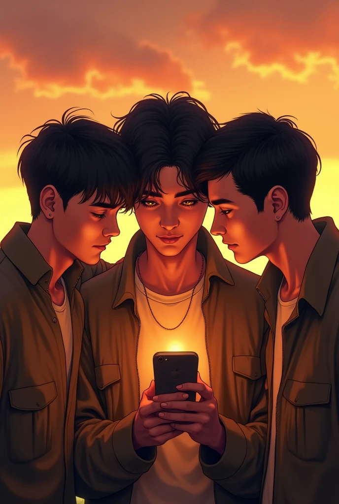 Make a poster the title is “the hunter’s spotlight “ make a 3 men cutie using mic inside cellphone the color background is gradient yellow and brown