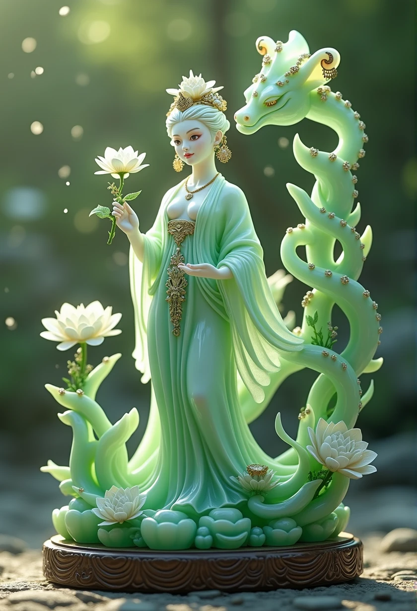 8k, photorealistic, a  intricate  statue made  in translucent  jade of a  delicate  maiden,  full body, precious stones inlaid, warm ligthing, glowing , radiosity, photon mapping, icing aura, ice dust falling, bokeh