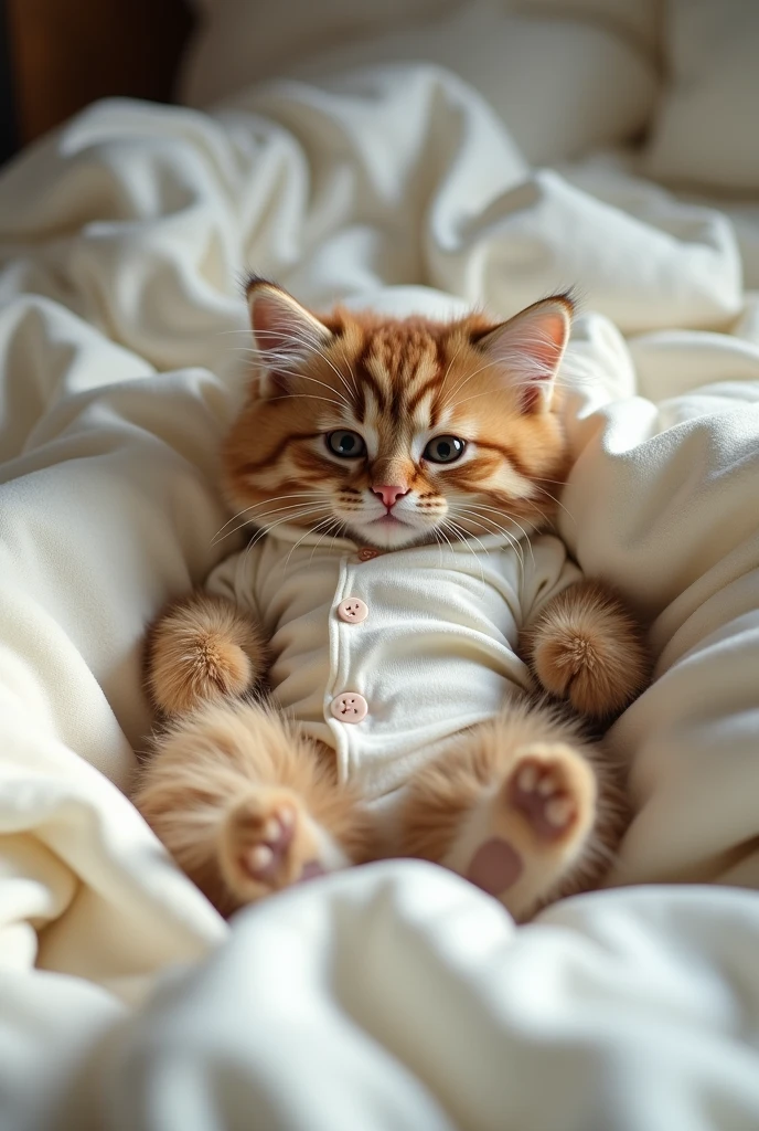 Cat wearing clothes lying on bed