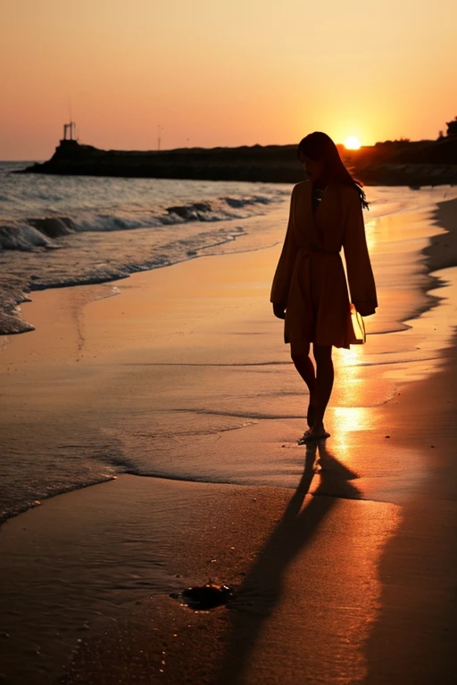 Highest quality、The beach where the sun sets、Orange sky、Shadow of a person