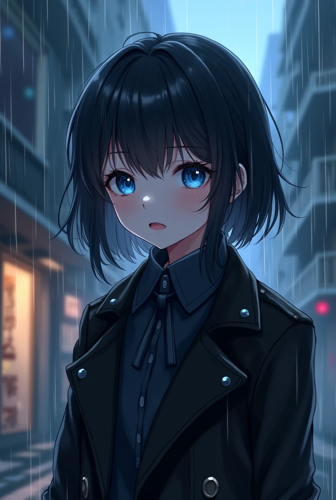 masterpiece, Top quality, illustration, {Beautiful details girl}, Beautiful light shines in the details, (Black jacket and trench coat), Fangs, vampire, Indigo eyes, rain, Detailed lighting, detailedwater, (Beautiful and delicate eyes: 1.1), palace, (short hair), Long bangs, Hair between the eyes, the top half,