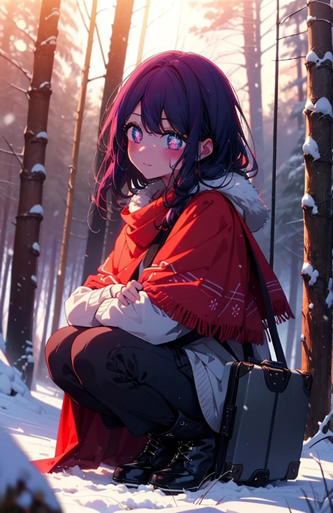 aihoshino, Ai Hoshino, Long Hair, bangs, (Purple eyes:1.1), Purple Hair, (Symbol-shaped pupil:1.5), smile,,smile,blush,white breath,
Open your mouth,snow,Ground bonfire, Outdoor, boots, snowing, From the side, wood, suitcase, Cape, Blurred, , forest, White handbag, nature,  Squat, Mouth closed, Cape, winter, Written boundary depth, Black shoes, red Cape break looking at viewer, Upper Body, whole body, break Outdoor, forest, nature, break (masterpiece:1.2), Highest quality, High resolution, unity 8k wallpaper, (shape:0.8), (Beautiful and beautiful eyes:1.6), Highly detailed face, Perfect lighting, Highly detailed CG, (Perfect hands, Perfect Anatomy),