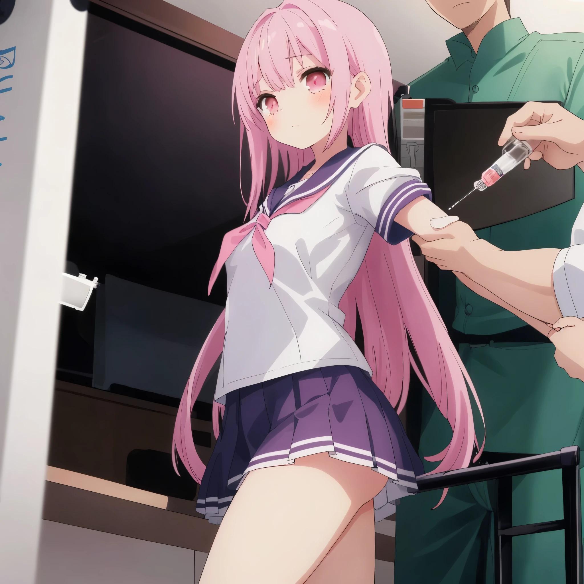 A pink-haired high school girl in a sailor uniform is getting vaccinated, a male doctor grabs your arm, takes out a syringe and injects it into your upper arm.
