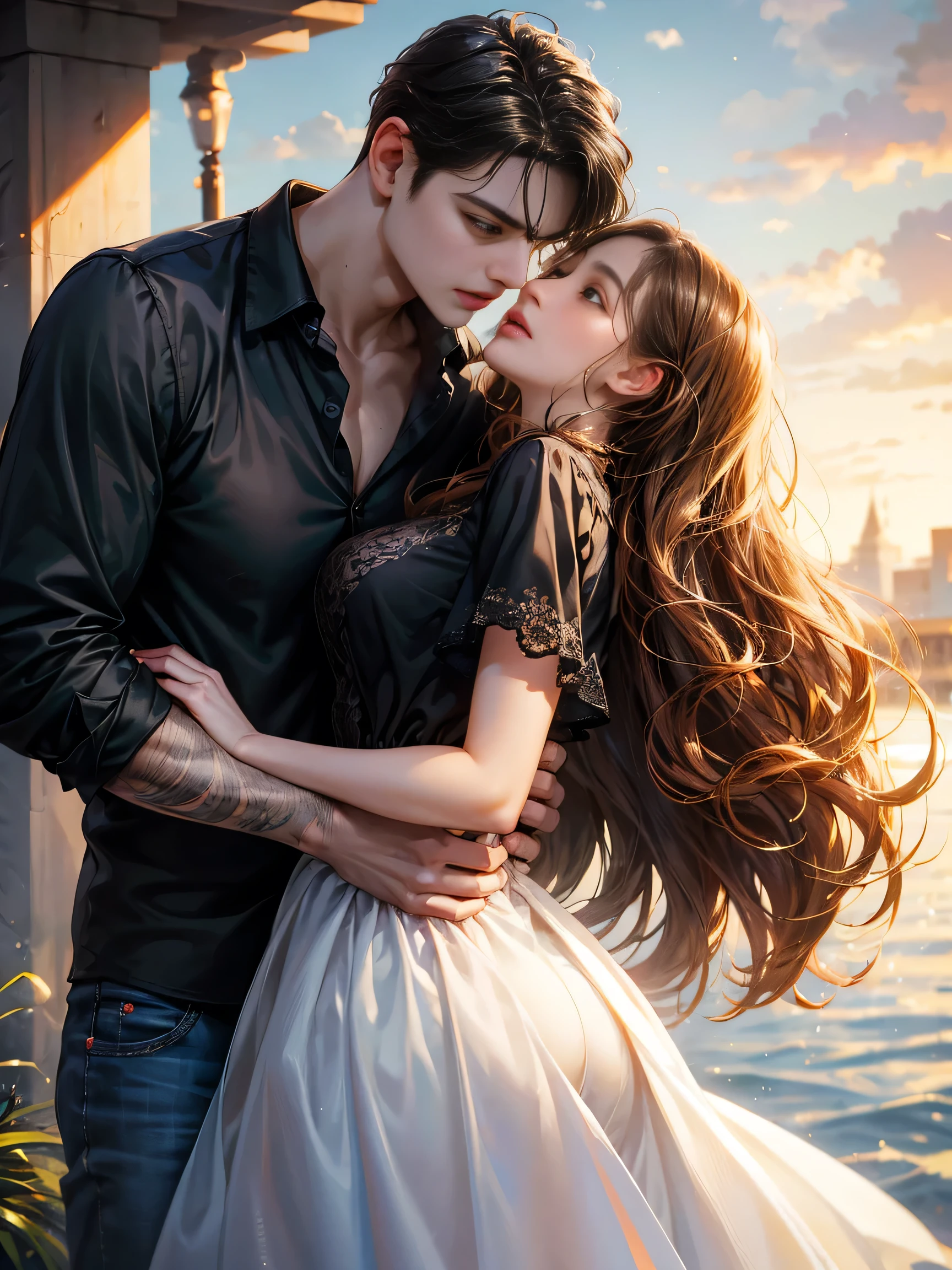 Couple, 1 girl 1 boy, different hair color, longe brown wavy hair, no bangs and brown eyes, tin soaked translusense dress, short black hair, wavy hair and (sky blu eyes) , black shirt, jeans. Height different, detailed face, detailed hands. Hug and romantic kiss. , Background riverbank,so romantic,huge breasts,high sex appeal