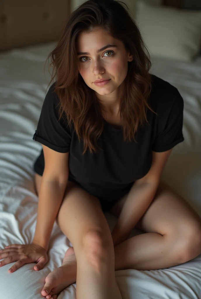 ((Meilleure qualité, 8k, chef-d'œuvre:1.3), Angie Marcheria), se concentrer:1.2, Une beauté corporelle parfaite et pieds parfaits:1.4, Fesses:1.2, ((Cheveux délicats)), (T-shirt noir:1.1), (lit), Texture du visage et de la peau très détaillée, yeux détaillés, pieds avec cinq orteils très détaillés, Double paupières, blanchir la peau, Gros seins, sourire, parfait , visage séduisant, transpiration, selife, 1 fille, Les cheveux en désordre, Sexy, nuit, fatigué, nu, cheveux bruns et lisses, yeux marrons, tâches de rousseur, elle bouge ses pieds