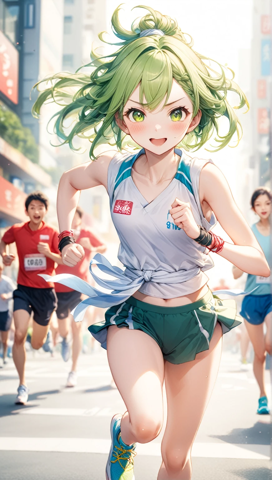 (Highest quality,8k,32K,masterpiece,Ultra-high resolution :1.2 ),born,One girl,Super cute,Natural light,Clear, shining eyes,20-year-old,Fair skin,marathon大会的な電子世界のファンタジー背景,Green Hair,Shortcuts,Japanese style hairstyle,running,marathon,Wink,Tied up hair