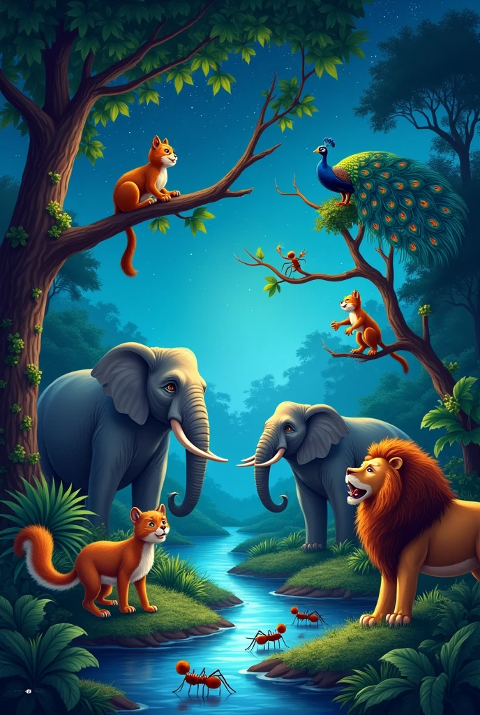 "Illustrate a vibrant jungle scene under a starry night sky with a calm, blue river reflecting the twinkling stars. In the foreground, a playful squirrel is climbing a tall tree, while nearby, a majestic peacock dances in the rain, its feathers fully spread out. A line of ants diligently works together, carrying food to their nest. In the background, a powerful elephant walks through the jungle, exuding strength, while a fierce lion roars with dominance, yet with a gentle expression. A cheerful monkey swings from a tree branch, full of energy and joy. The image should capture the harmony and beauty of these animals living together in the lush, green forest."