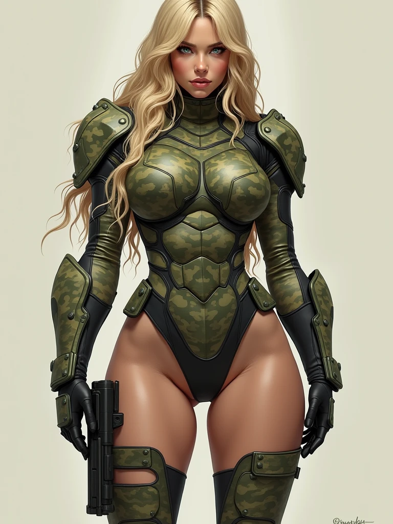 attire, Very long blonde hair fit Woman wearing armor cammy cosplay, Womanly, impossibly small tiny waist abs waistline, circumference of lower extremities far exceeds 80 inches hips, she has massively immense hip measurements, with the worlds largest buttocks, location random, intense detail, bold leggings, hyper realistic, A bottom-heavy, superior body part, voluptuous lower body, feminine figure, portraits, Reductionist form, mujercore, bold lines, in the style of Mike Campau, Iris Van Herpen, Howard Schatz, Russian-Western, an Inferior Physical Goddess