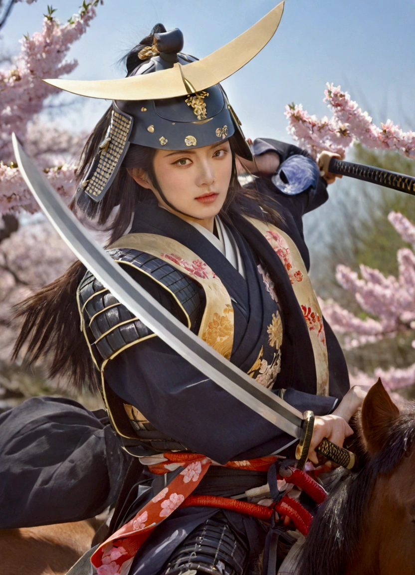 a potrait of a person on a horse with a sword, masamune date, japanese warrior, samurai warrior, A sprawling battlefield in the heart of springtime Japan, with delicate cherry blossoms in full bloom. The petals gently fall over a vast landscape, contrasting with the intense scene of battle. Traditional Japanese warriors, clad in ornate samurai armor, their katanas gleaming in the soft sunlight. Rolling hills in the distance are dotted with ancient temples and lush greenery, adding a touch of tranquility to the otherwise fierce and epic confrontation