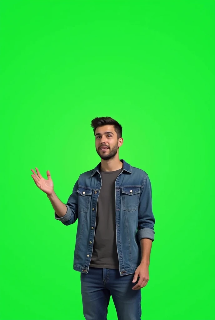 a guy gamer pointing right and talking with chroma key greenscreen background