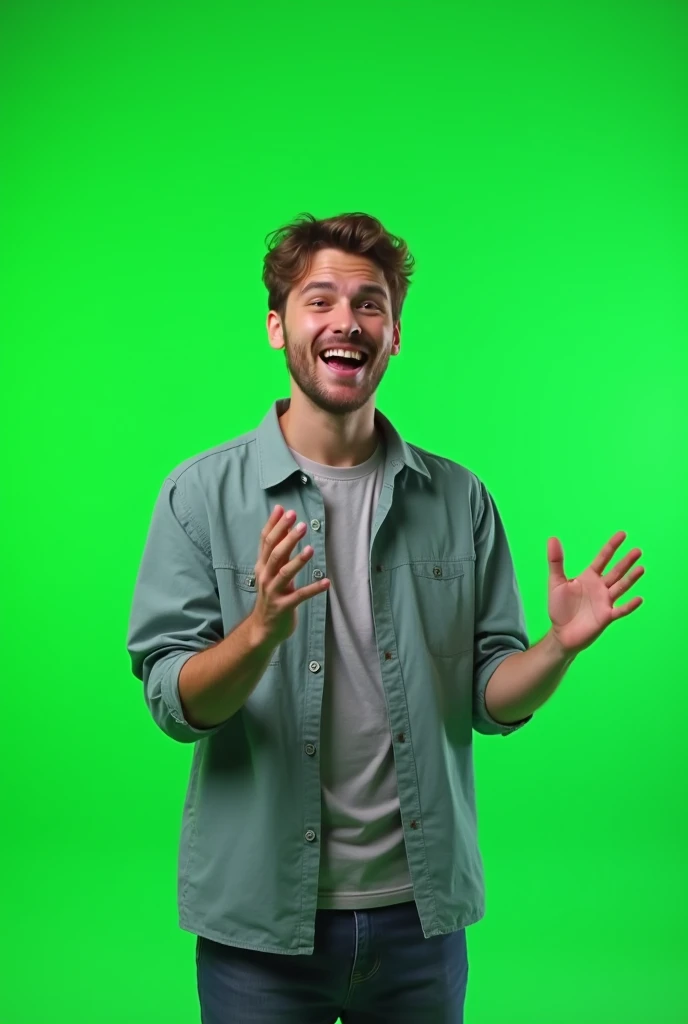 a guy gamer pointing right and talking with chroma key greenscreen background