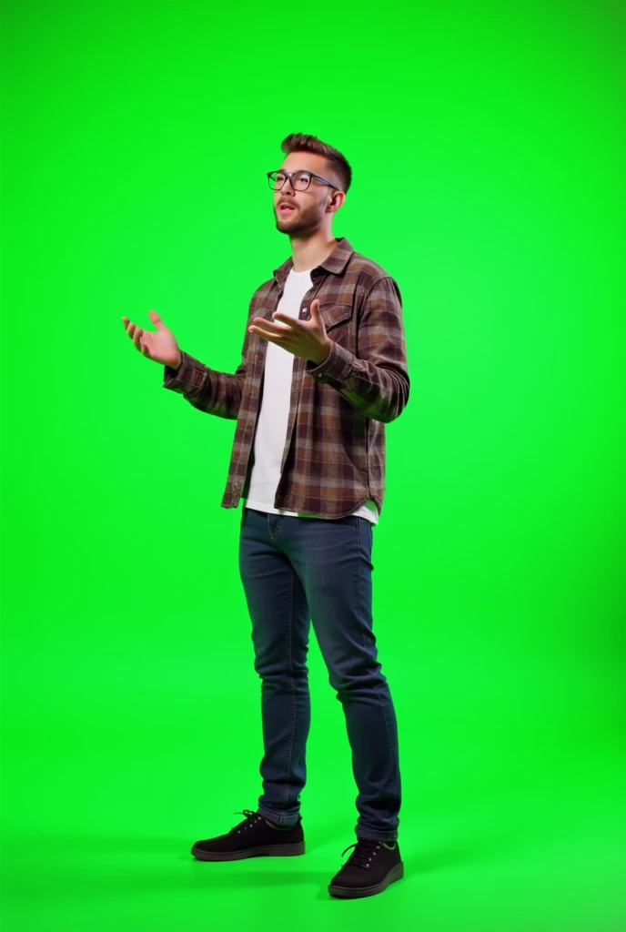a guy gamer pointing right and talking with chroma key greenscreen background