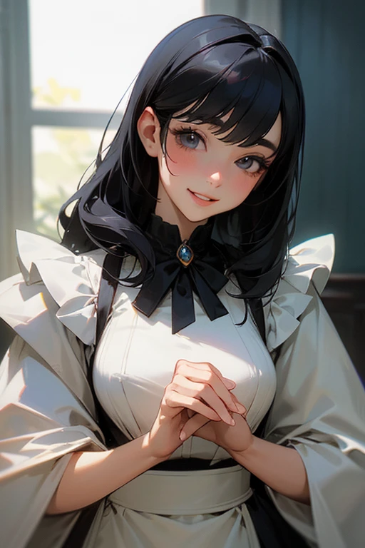 (Highest Resolution, clear_image) Highest quality, single, One woman, alone, masterpiece, Very detailed, Semi-realistic, Black Hairのショートヘア, Black Hair, bangs, 18-year-old, mature, Light blue , Indoor Background, kind, Authoritative, Powerful, exquisite features, exquisite features、Eyelashes become longer、Showing teeth、smile😀、Maid clothes、woman'Fingers in the、Sleeping on the sofa、Long Hair、Fluttering in the wind、((Change of clothes)).