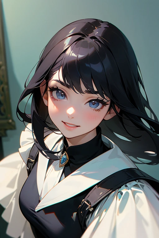 (Highest Resolution, clear_image) Highest quality, single, One woman, alone, masterpiece, Very detailed, Semi-realistic, Black Hairのショートヘア, Black Hair, bangs, 18-year-old, mature, Light blue , Indoor Background, kind, Authoritative, Powerful, exquisite features, exquisite features、Eyelashes become longer、Showing teeth、smile😀、Maid clothes、woman'Fingers in the、Sleeping on the sofa、Long Hair、Fluttering in the wind、((Change of clothes)).