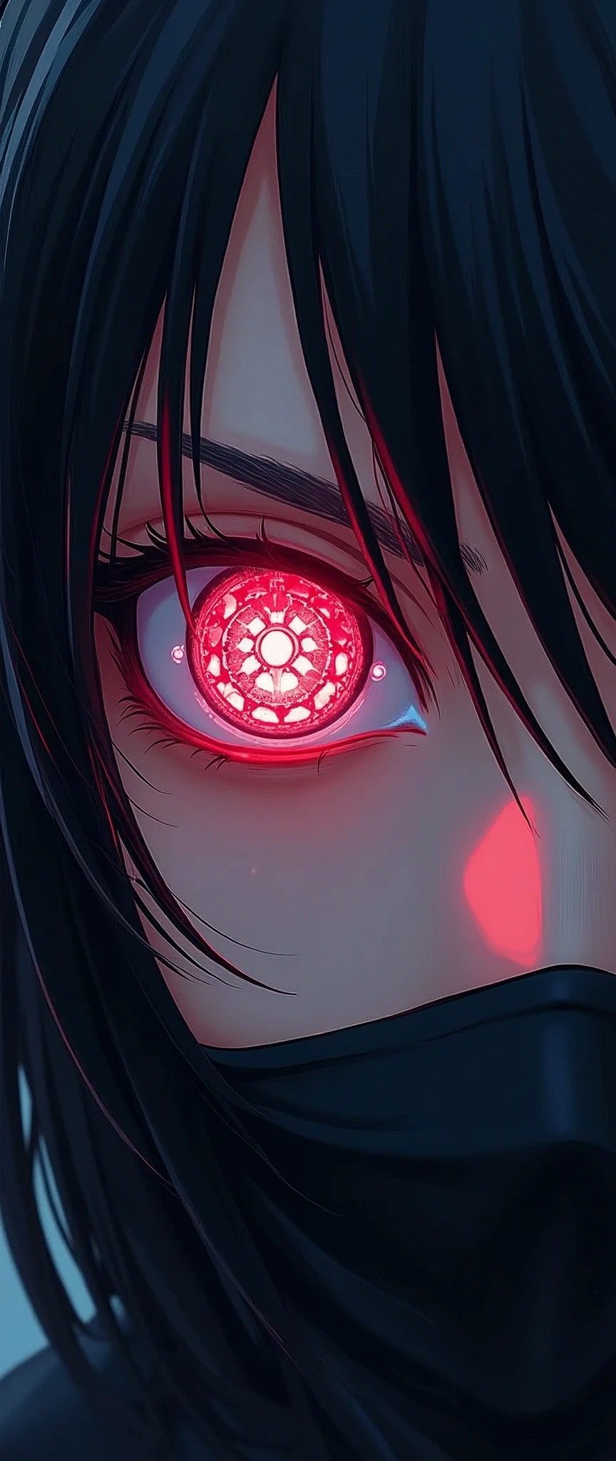 (masterpiece:1.2),(Highest quality),(Very detailed),(Ultra-high resolution),(Photorealistic),8k,wallpaper,(1 girl),(Face close-up:1.6),(front:1.6),(Beautiful Female Ninja),(look at me),(Beautiful Face,Beautiful Eyes,Perfect Eyes),(Mysterious glowing eye effect,The woman's eyes see beautiful geometric patterns like a kaleidoscope,Detailed drawing of the eyes),(Black Costume),(The female ninja uses genjutsu.),(dynamic),(Kaleidoscope Sharingan:1.6)