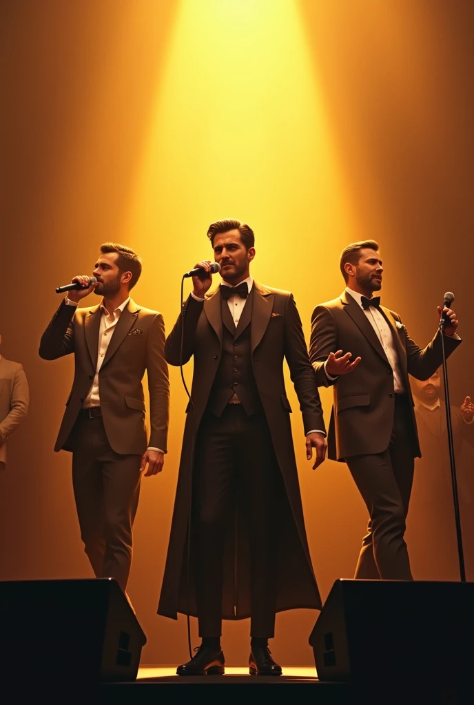 Make a poster the title is “the hunter’s spotlight “ make a 3 men cutie using mic the color background is gradient yellow and brown