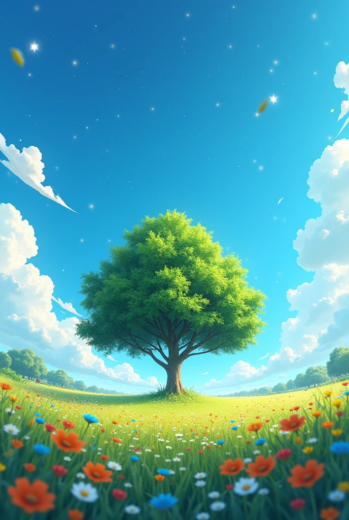/imagine prompt: Viral anime nature wallpaper in 4K quality, in the style of Pixar 3D inspired by Toy Story, showcasing a lush meadow filled with colorful wildflowers, a clear blue sky with fluffy clouds, and a single majestic tree standing in the middle; bright and cheerful color temperature, cosmos lighting with stars twinkling in the sky, no human characters, the atmosphere is whimsical and joyful --v 5 --stylize 1000
