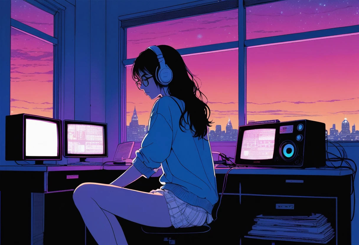 XXMix,Silhouette of frightened woman hiding in a 1980's radio station, neon light, in the style of coloring book comic, full body, raw hand drawn style, (from behind), Anime girl sitting in front of a computer in a cozy bedroom, Girl listening to music while studying in a cozy room (night), round glasses, Using headphones, on the roof, (beautiful night views from windows), lots of things, 2D anime style, The aesthetics of anime in the 90s, lo-fi, long hair, very detailed, hard disk, A mix of anime style and Fujifilm, surreal, 8k, masterpiece, violet eyes,black gloves, round glasses, long sleeves,violet hair, Flat Chest, smile, pantyhose, school leggings