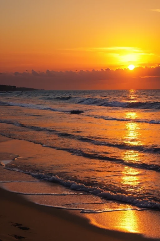 Highest quality、The beach where the sun sets、Orange sky、Shadow of a person