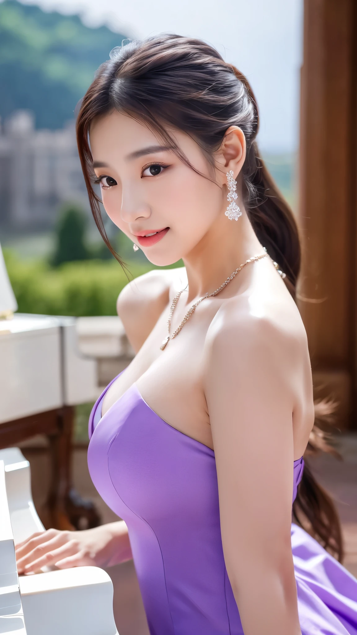 close-up of beautiful beautiful korean female, 34 inch breasts size, ponytail, wearing purple long dress , necklace, earrings, playing White piano, in the castle, bokeh background,UHD