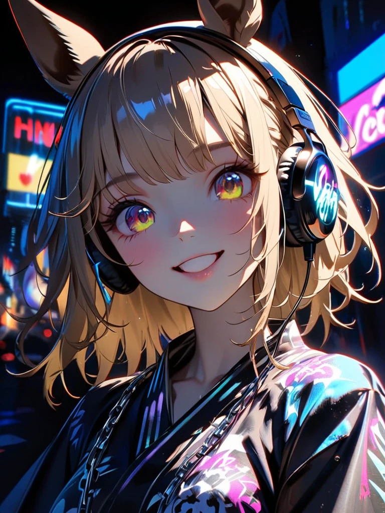 1 girl, chromatic aberration, Written boundary depth, Soft Light, masterpiece, Highest quality, complicated, Tone Mapping, A place where fireworks are set off at festivals. Concept Art, Smooth, Clear focus, Dramatic lighting, Very cinematic, super practical painting, アートステーション's trending, 8k, Incredible Shadows, practical, (Very deしっぽed background:1.0), whole body, View, Viewers, Portrait of a Girl 1, standing on street corner, Heavy rain and lightning、Dark Sky, neon and cyber punk background, she is dressed in punk clothing with silver chains and silver spikes, Her hair was dyed light brown........，The middle part is black, She wears headphones, Ominous aura of light, smile, punk, ciber punk, Backlight.Fashionable clothes、Horse-friendly dress code: yukata.No horse ears.My breasts are a little big