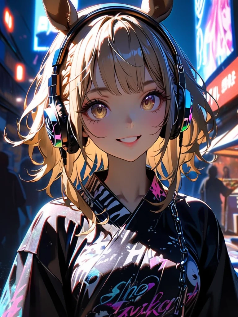 1 girl, chromatic aberration, Written boundary depth, Soft Light, masterpiece, Highest quality, complicated, Tone Mapping, A place where fireworks are set off at festivals. Concept Art, Smooth, Clear focus, Dramatic lighting, Very cinematic, super practical painting, アートステーション's trending, 8k, Incredible Shadows, practical, (Very deしっぽed background:1.0), whole body, View, Viewers, Portrait of a Girl 1, standing on street corner, Heavy rain and lightning、Dark Sky, neon and cyber punk background, she is dressed in punk clothing with silver chains and silver spikes, Her hair was dyed light brown........,The middle part is black, She wears headphones, Ominous aura of light, smile, punk, ciber punk, Backlight.Fashionable clothes、Horse-friendly dress code: yukata.No horse ears.My breasts are a little big