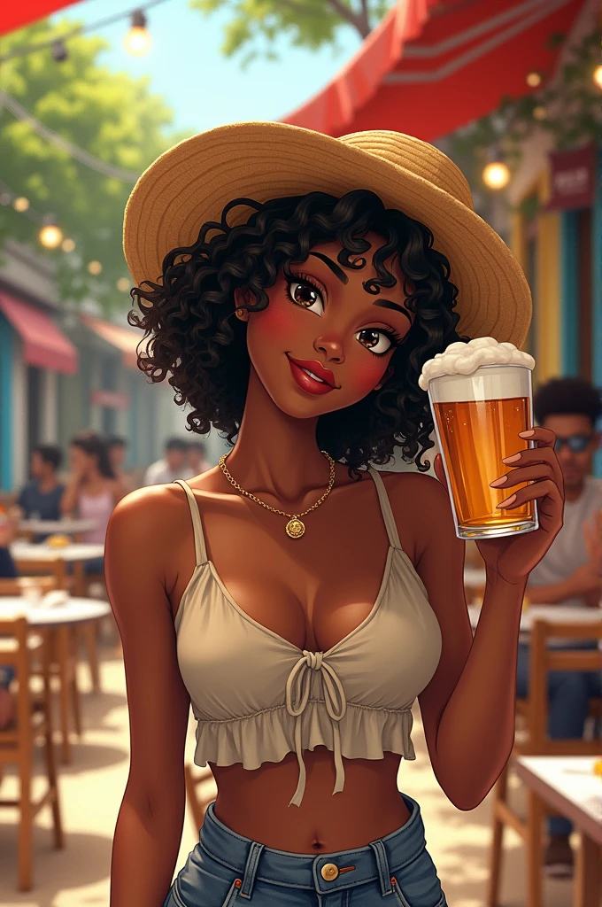 One girl、Dark Skin、straw hat、Open Cafe、Beer in hand、Outdoor、