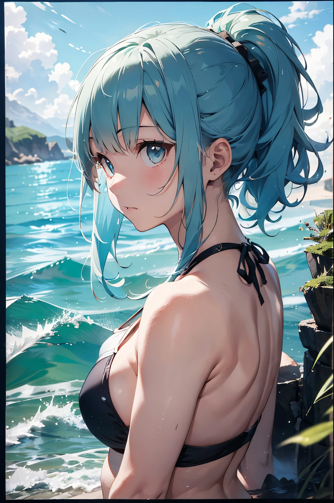 High resolution,topless、
One beautiful young woman,Light blue hair、ponytail、
(Soft Saturation:1.3), (Fair skin:1.2),
(ultra-Detailed Background, Detailed Background), Bokeh,
break&#39;Portrait of a smiling girl.,
When viewed from the front, The composition is symmetrical,
Looking straight at you with serious eyes,
break Swimwear, White Bikini, Center of chest, 
Outdoor, Sea surface, null, sunlight,Summer beach, Sandy Beach,
Strong light, Front lighting, 
(Teen:1.3), (Cowboy Shot:1.2),
Front brake angle,
View your audience,
Dynamic pose,
sitting on the beach

Seaweed、Seaweed、Seaweed、Seaweed、Seaweed、Seaweed、Seaweed、