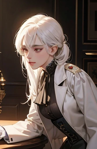 a determined victorian era woman in her late 20's, scientist, pristine white labcoat, white clothes, straight white hair, striking purple eyes, side-swept bangs, wearing a monocle, long black gloves, corset, trousers, long black boots detailed realistic portrait, photorealistic, hyperrealistic, 8k, detailed clothing, beautiful detailed eyes, beautiful detailed lips, extremely detailed face, intricate ornate details, cinematic lighting, dramatic shadows, warm color tones, natural lighting, highly detailed, masterpiece, artstation, sharp focus, hyper detailed, full body
