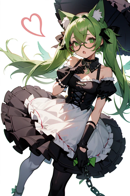 a cute anime-style girl with green twin-tailed hair, black-rimmed glasses, cat ears, a collar with a chain, a lolita gothic dress with cutouts on the shoulders, thigh-high socks, gloves, and a hat, set against a white background, with angelic wings, heart-shaped eyes, and a cute overbite