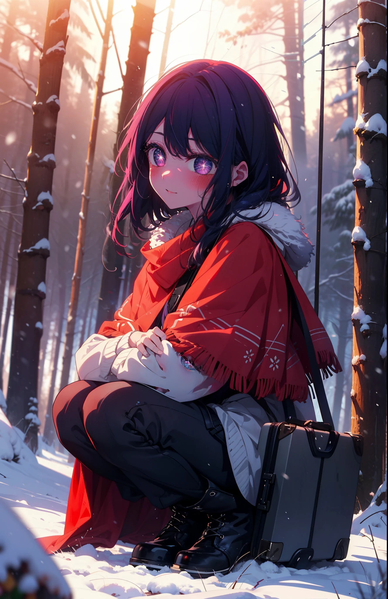aihoshino, Ai Hoshino, Long Hair, bangs, (Purple eyes:1.1), Purple Hair, (Symbol-shaped pupil:1.5), smile,,smile,blush,white breath,
Open your mouth,snow,Ground bonfire, Outdoor, boots, snowing, From the side, wood, suitcase, Cape, Blurred, , forest, White handbag, nature, Squat, Mouth closed, Cape, winter, Written boundary depth, Black shoes, red Cape break looking at viewer, Upper Body, whole body, break Outdoor, forest, nature, break (masterpiece:1.2), Highest quality, High resolution, unity 8k wallpaper, (shape:0.8), (Beautiful and beautiful eyes:1.6), Highly detailed face, Perfect lighting, Highly detailed CG, (Perfect hands, Perfect Anatomy),