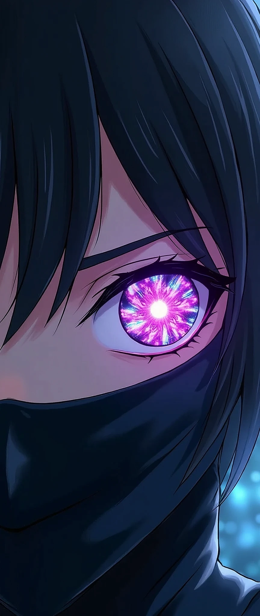 (masterpiece:1.2),(Highest quality),(Very detailed),(Ultra-high resolution),(Photorealistic),8k,wallpaper,(1 girl),(Face close-up:1.6),(front:1.6),(Beautiful Female Ninja),(look at me),(Beautiful Face,Beautiful Eyes,Perfect Eyes),(Mysterious glowing eye effect,The woman's eyes see beautiful geometric patterns like a kaleidoscope,Detailed drawing of the eyes),(Black Costume),(The female ninja uses genjutsu.),(dynamic),(Kaleidoscope Sharingan:2.0),(Naruto style)