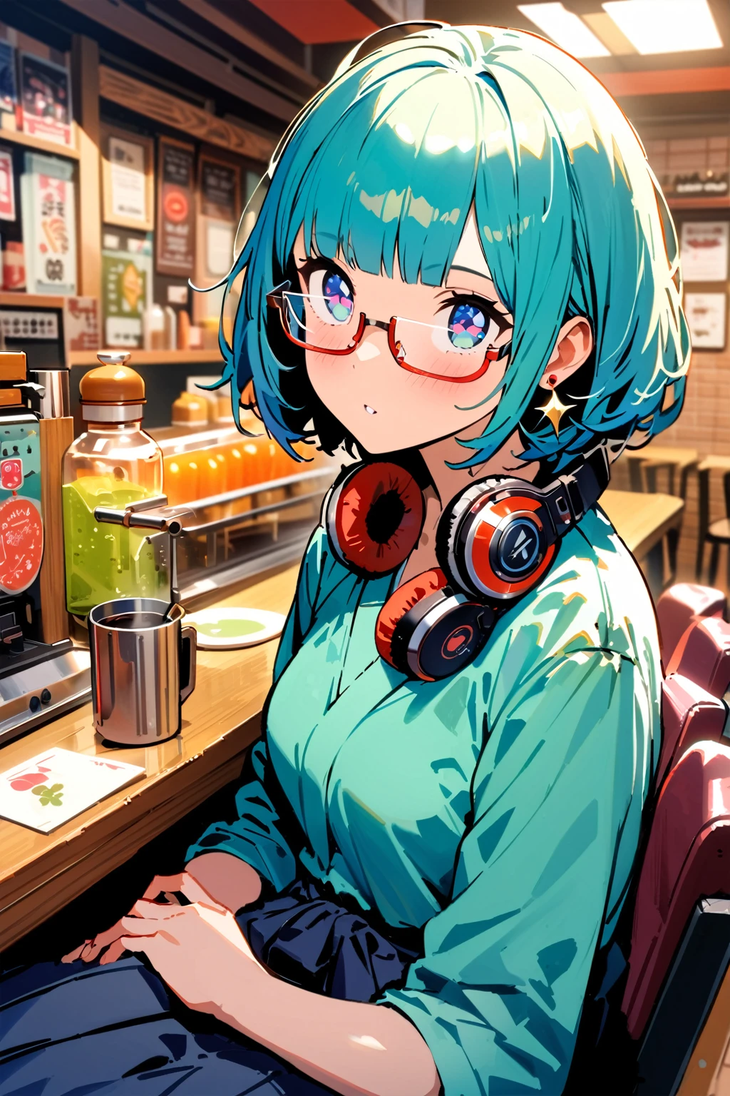 ((top-quality)), ((​masterpiece)), ((ultra-detailliert)), (extremely detailed fine touch:1.3), (2D:1.3), solo, 1girl, (((semi-rimless sparkling eyewear:1.3))), (headphone around neck:1.2), sparkling earrings, bedroom eyes, short hair, messy hair, blunt bangs, traditional hakama, extremely detailed retro coffee shop,