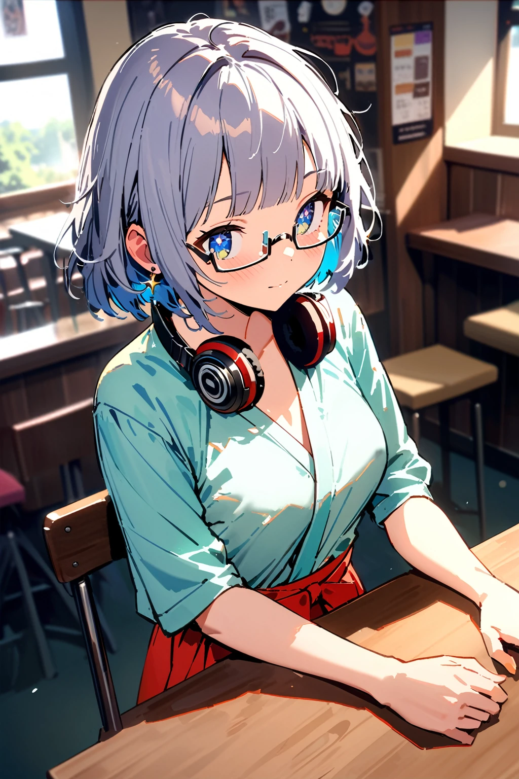 ((top-quality)), ((​masterpiece)), ((ultra-detailliert)), (extremely detailed fine touch:1.3), (2D:1.3), solo, 1girl, (((semi-rimless sparkling eyewear:1.3))), (headphone around neck:1.2), sparkling earrings, bedroom eyes, short hair, messy hair, blunt bangs, traditional hakama, extremely detailed retro coffee shop,