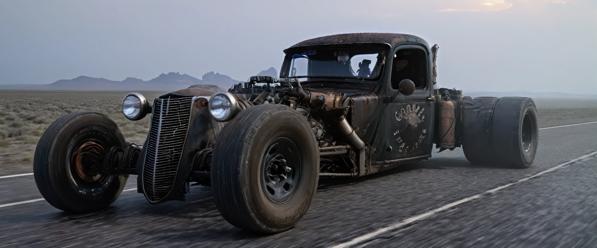 a girl driving a rat_rod car on a lonely highway on an alien planet, translucent mushrooms growing, (best quality,4k,8k,highres,masterpiece:1.2),ultra-detailed,(realistic,photorealistic,photo-realistic:1.37),sci-fi,cinematic lighting,vibrant colors,dramatic lighting,moody atmosphere,intricate details,cinematic composition,volumetric fog,dynamic motion blur,glowing mushrooms