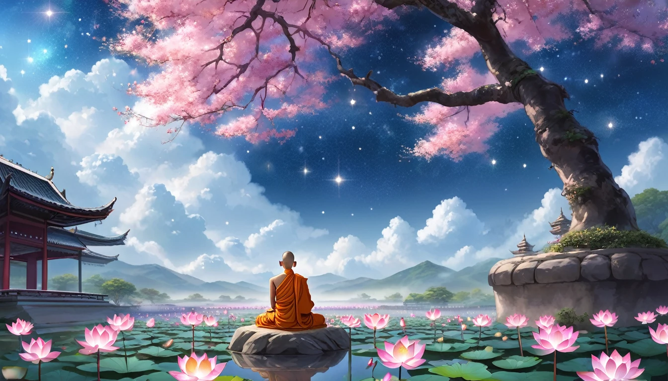 A young monk meditates and chants sutras with his back turned,The quiet sky has shining stars,The ground is covered with lotus flowers,There are a few petals floating in the sky。