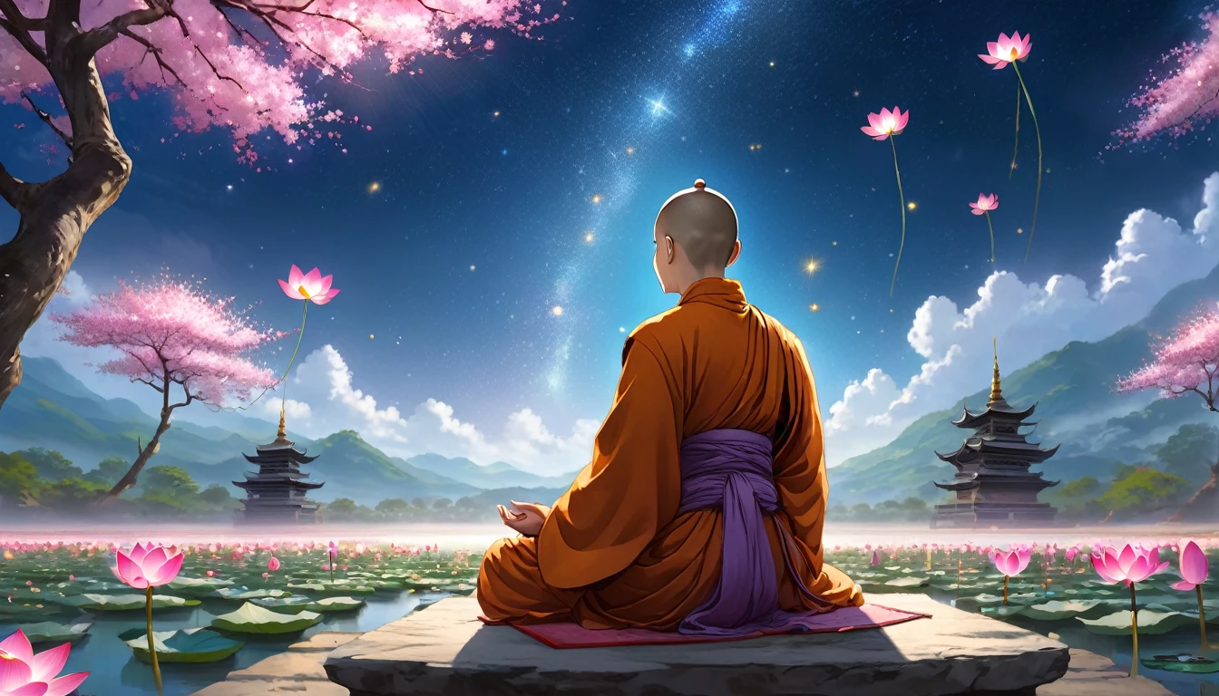 A young monk meditates and chants sutras with his back turned,The quiet sky has shining stars,The ground is covered with lotus flowers,There are a few petals floating in the sky。